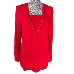 Red Silk Wool Blend Sequin V Neck Long Sleeve Sweater Medium
